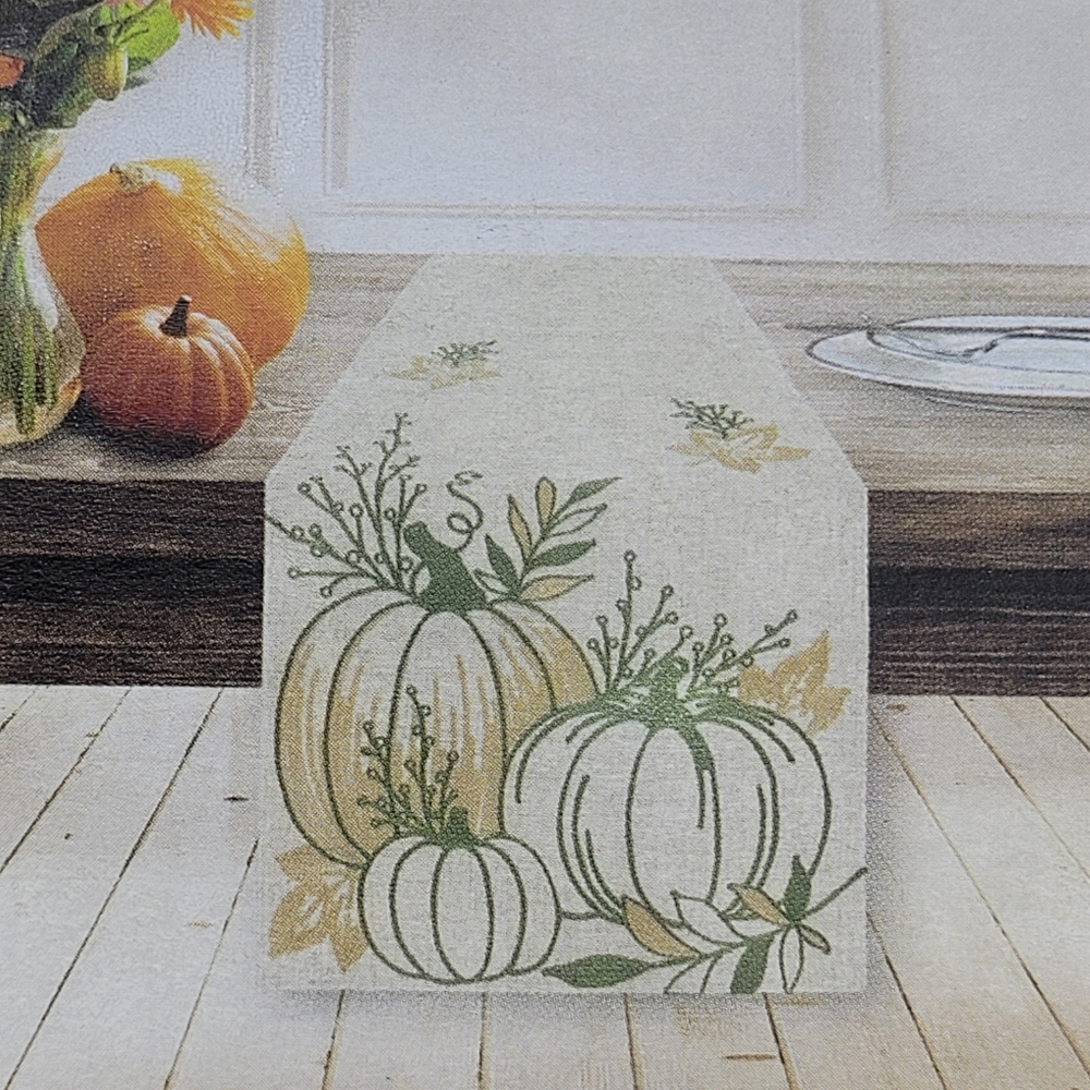 Fall Harvest Mariola Table Runner Pumpkin Embroidered Linen Blend 14x70" NEW
